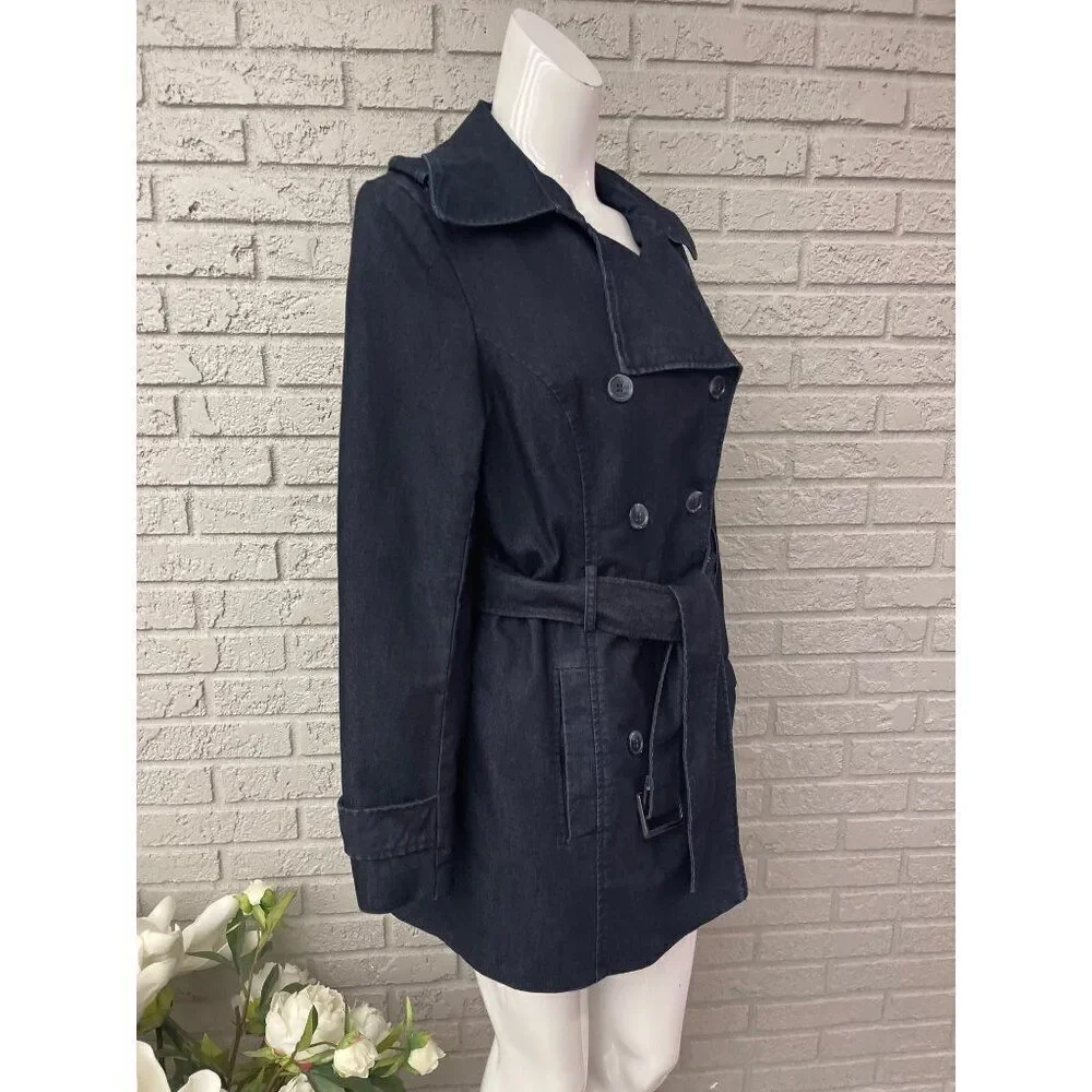 Vince Camuto Women Double Breasted Dark Blue Denim Coat with Belt Size L